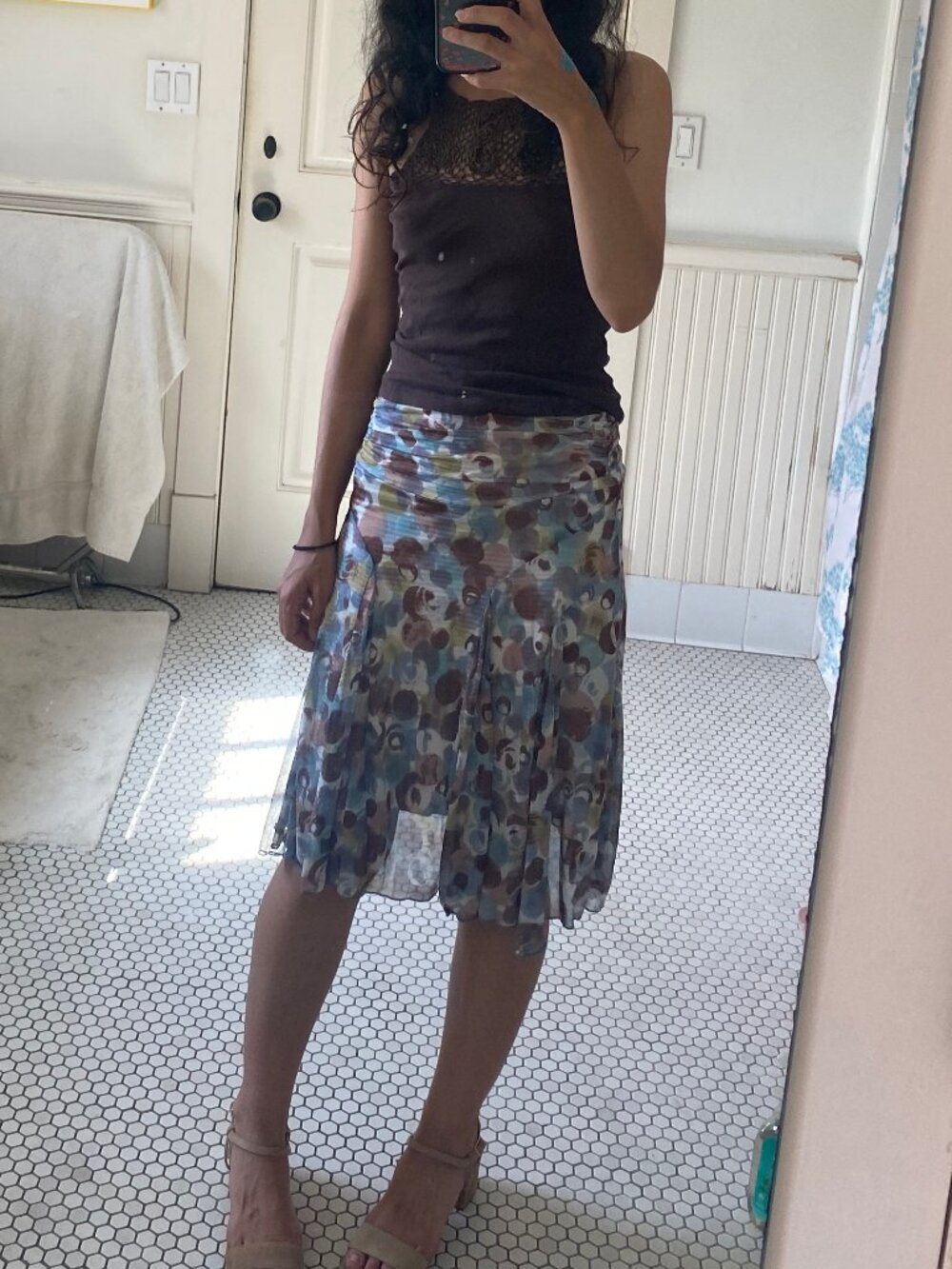 KOOKAÏ vintage midi flowy blue brown printed skirt